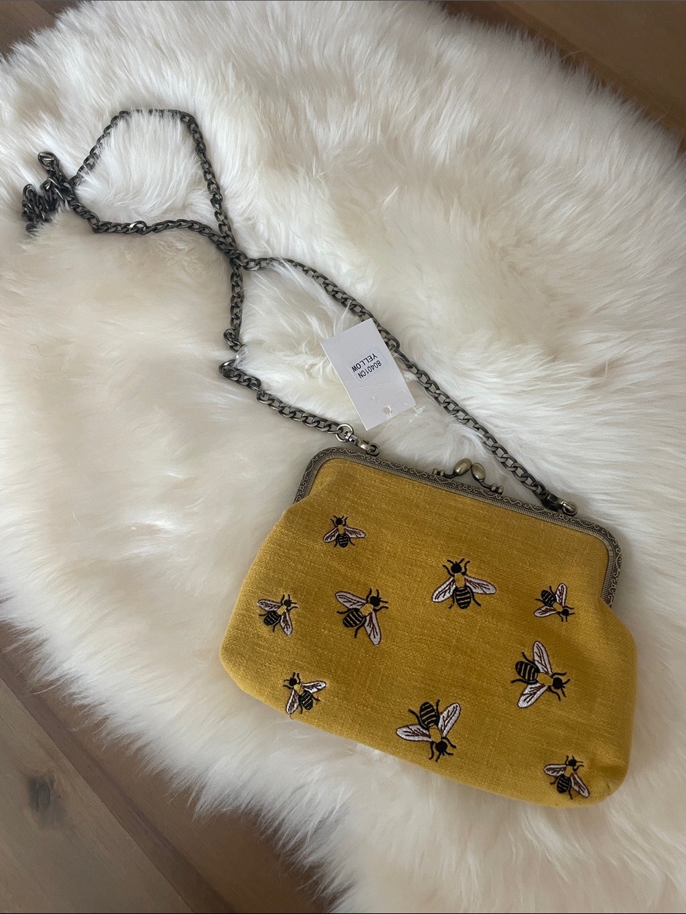 Bee-Embroidered Mustard Yellow Chain Clutch with Polka Dot Lining